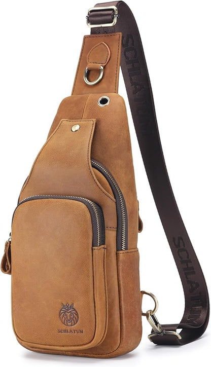 Mens Sling Bag Genuine Leather Crossbody Bags for Men Small Sling Chest Backpack Casual Man Bag Hiking Outdoor, Brown