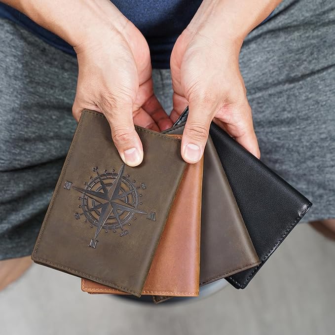 Polare Slim RFID Blocking Leather Passport Holder Travel Bifold Wallet For Men(Dark Brown Compass)