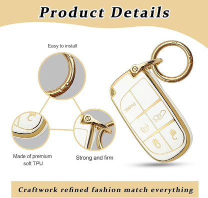 for Jeep Key Fob Cover Keychain Soft Full Protection Key Case Shell, Car Accessories for Man,Girls, Women, Compatible with Jeep Smart Key 3 4 5 Buttons Protector(White)