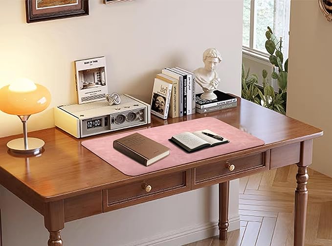 Leather Desk Mat, 23.6"x13.8" Non-Slip PU Leather Desk Pad, Thick Desk Blotter with Stitched Edge, Retro Large Mouse Pad, Laptop Pad for Office & Home Use (Pink)