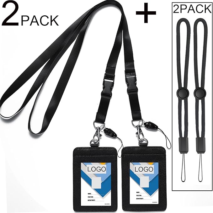 YOUOWO 2 Pack Badge Holders Leather+2 Pack Neck Lanyards Detachable Buckle Black Lanyard Strap for Men Women Keys 2-Sided PU Leather Vertical ID Cards Holder with 1 ID Window and 2 Card Slot