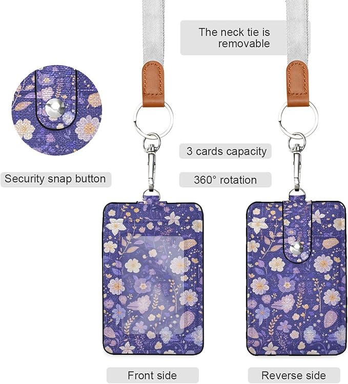 Badge Holder, Flowers Purple PU Leather School College Business ID Badge Card Holder Wallet Case with 1 Clear Window, 2 Credit Card Slots and Detachable Neck Lanyard - Vertical