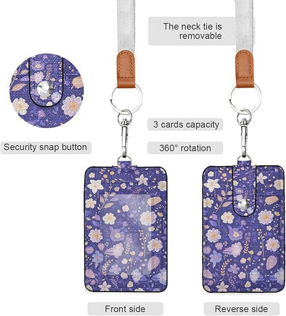 Badge Holder, Flowers Purple PU Leather School College Business ID Badge Card Holder Wallet Case with 1 Clear Window, 2 Credit Card Slots and Detachable Neck Lanyard - Vertical