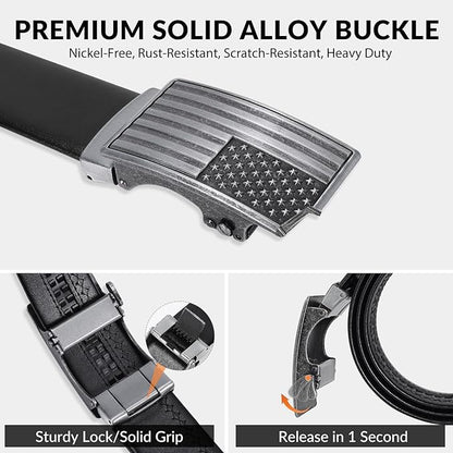 SANSTHS Mens Ratchet Belts Leather 1 3/8" for Men Dress and Casual, Adjustable Click Belts with American Flag Buckles