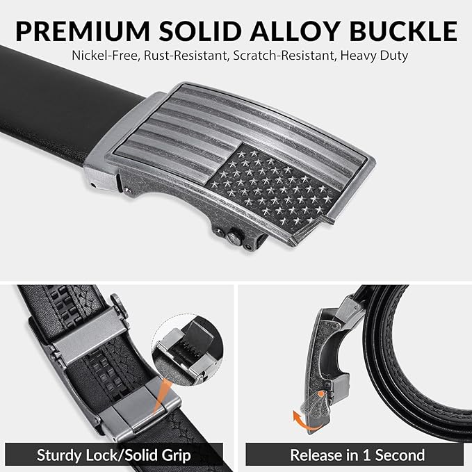 SANSTHS Mens Ratchet Belts Leather 1 3/8" for Men Dress and Casual, Adjustable Click Belts with American Flag Buckles