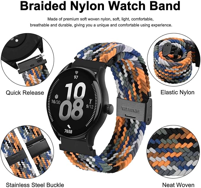 WOCCI 24mm Braided Nylon Watch Band for Men and Women, Quick Release, Black Stainless Steel Buckle (Camo)