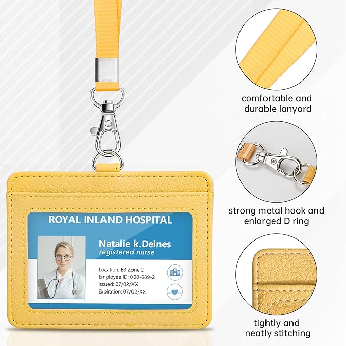 Teskyer Badge Holder with Lanyard, Leather ID Name Badge Card Holder with Lanyard for ID Badges, Horizontal, Lychee Pattern Yellow