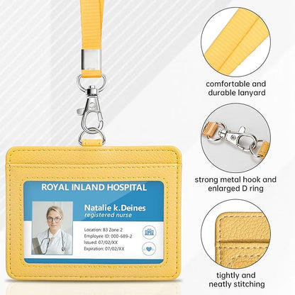 Teskyer Badge Holder with Lanyard, Leather ID Name Badge Card Holder with Lanyard for ID Badges, Horizontal, Lychee Pattern Yellow