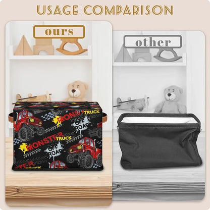 Storage Bins With Zipper Lid, Collapsible Trunk Organizer, Car Organizers and Storage Bins with Lids, Decorative Storage Boxes with Handle, Home Storage Baskets for Organizing (Monster Truck)