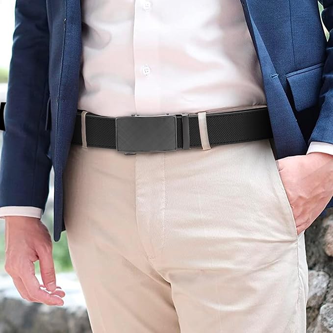 SENDEFN Leather Belt for Men Automatic Ratchet Buckle Slide Dress Casual Belts 1 3/8'' Wide Adjustable Trim to Fit(Black-20)