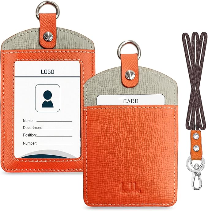 Badge Holder: Boshiho Cowhide Leather ID Badge Card Holder with 19" Neck Lanyard, Vertical Style (Orange-Light Gray)