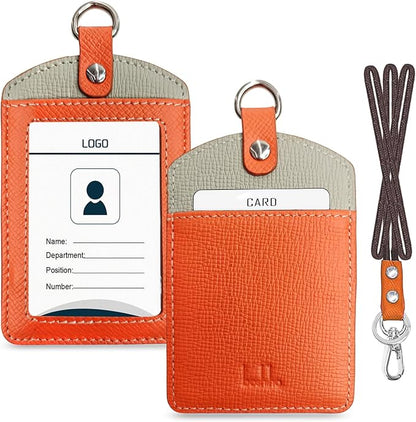 Badge Holder: Boshiho Cowhide Leather ID Badge Card Holder with 19" Neck Lanyard, Vertical Style (Orange-Light Gray)