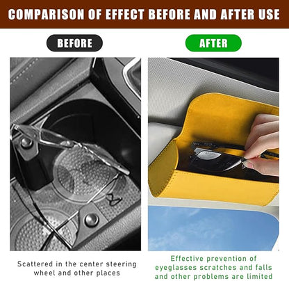 Augeny Sunglasses Holder for Car Sun Visor, Leather Auto Eyeglasses Storage Case with Hidden Magnetic Closure, Protective Glasses Organizer Box, Vehicle Visor Accessories for Woman Man (Yellow)