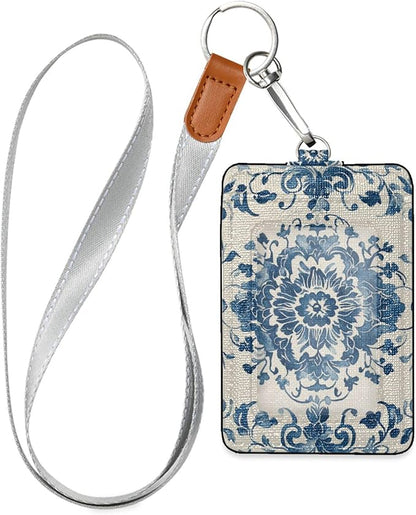 Badge Holder, Chinoiserie Style Blue White PU Leather School College Business ID Badge Card Holder Wallet Case with 1 Clear Window, 2 Credit Card Slots and Detachable Neck Lanyard - Vertical