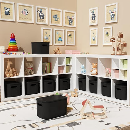 ORGIDOL 6 Pack Black Storage Bins with Lids Stackable Storage Container for Organizing, Black Storage Boxes with Handle for Shelves, Cute Organizer Bins for Craft, Snacks, 9.85x6.9x5.7 inch