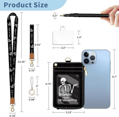 Lanyard Wallet with Id Badge Holder, Skeleton RFID Small Keychain Wallet Women Wristlet, Funny Zipper Credit Card Holder Phone Wrist Neck Strap for Key Name Tag, Teacher Student Office Gifts