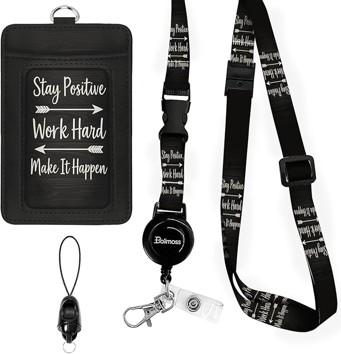 bolimoss ID Badge Holder with Lanyard, Pu Leather Breakaway Lanyards for Id Badges, Adjustable Landyards with Retractable Reel Clip with Quick Release Buckles,for Office Worker Nurse Teacher Student