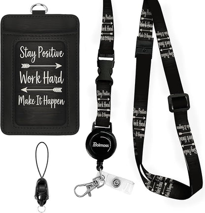 bolimoss ID Badge Holder with Lanyard, Pu Leather Breakaway Lanyards for Id Badges, Adjustable Landyards with Retractable Reel Clip with Quick Release Buckles,for Office Worker Nurse Teacher Student
