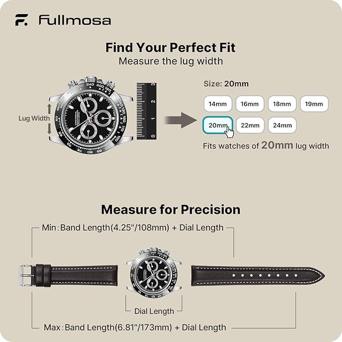 Fullmosa Watch Straps 20mm, Axus Series Leather Strap Replacement Watch Strap with Stainless Steel Metal Clasp for Men Women 14/16/18/20/22/24mm, Dark Brown 20mm