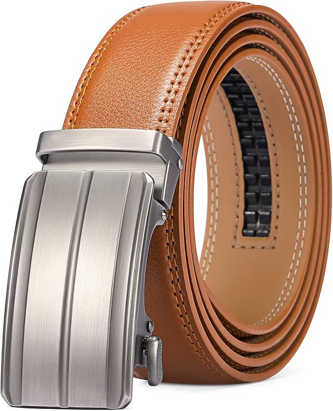 SENDEFN Men's Leather Belt Automatic Ratchet Buckle Slide Belt for Dress Casual Trim to Fit with Gift Box