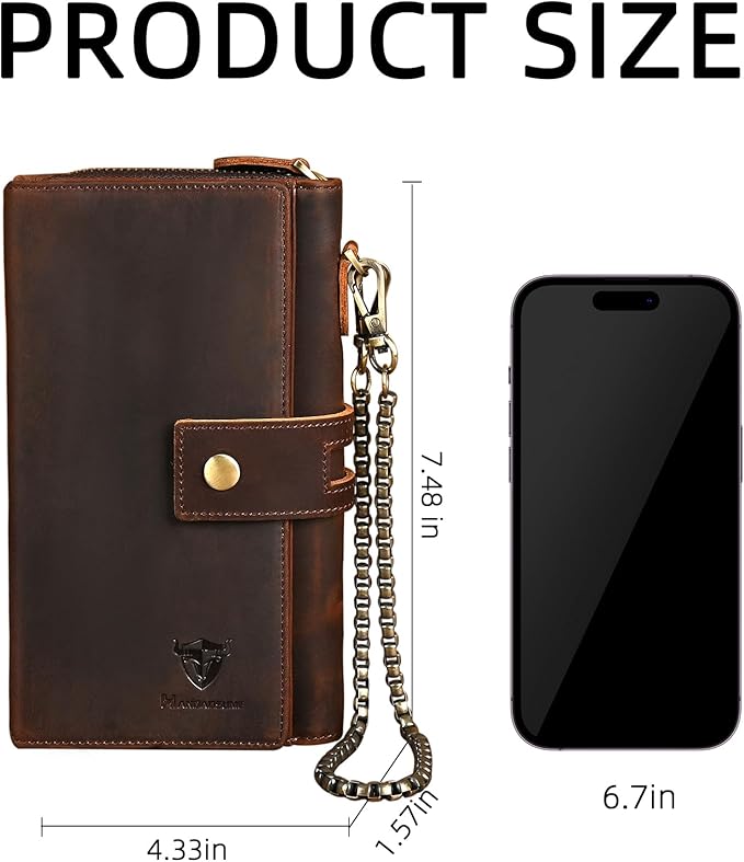 Genuine Crazy Horse Leather Travel Gift Coin Pocket Card Case Long Organizer Chain Rfid Wallet Purse With Snap For Men Male 1803 1815 (W-1819-Brown)