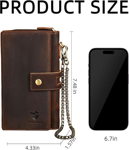 Genuine Crazy Horse Leather Travel Gift Coin Pocket Card Case Long Organizer Chain Rfid Wallet Purse With Snap For Men Male 1803 1815 (W-1819-Brown)