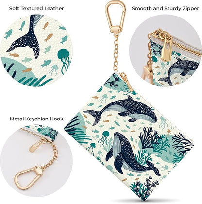 Whale Aesthetic Keychain Coin Purse for Women, Small PU Leather Change Pouch, Zipper Little Tiny Travel Wallet for Girls, Cute Kawaii Zip Pocket Coin Holder with Key Ring