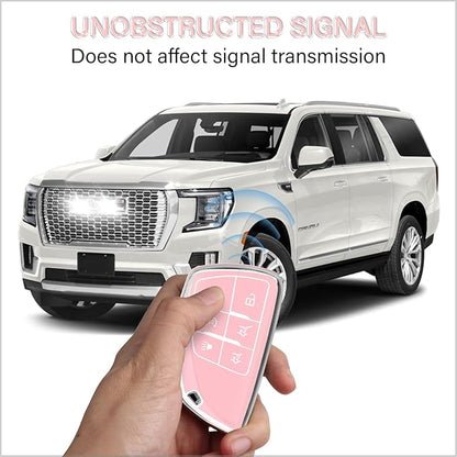 QBUC for Chevy Key Fob Cover with Keychain Soft TPU Protection Case Compatible with 2021-2026 Chevy Tahoe Suburban GMC Yukon Denali Silverado 6-Buttons(Chrome Trim Pink)