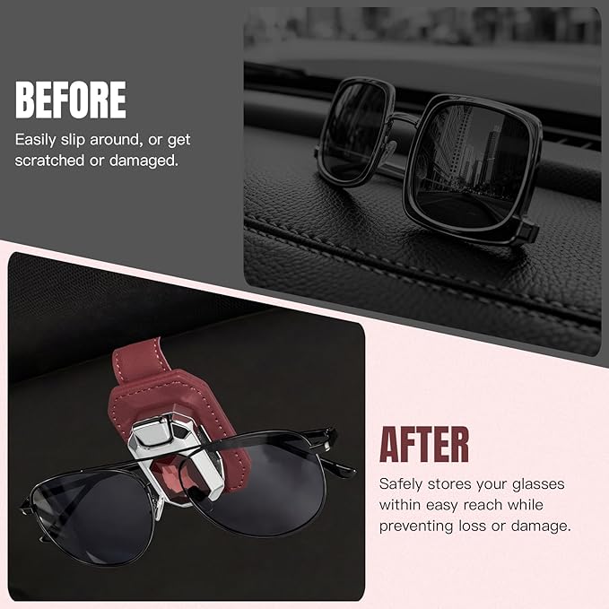 2PCS Sunglass Holder for Car Visor, Faux Leather Eyeglass Holder Clip for Car Sun Visor Organizer, Universal One Handed Operation Sun Glass Hanger, Car Interior Accessories for Women Man