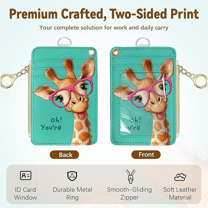 Giraffe Leather Badge Holder with Zipper Pocket, Green Work Lanyards and 1 Zip Pocket and 4 Card Slots, Gamer Breakaway Lanyards with Metal Clasp for Boys, Adult, Teachers