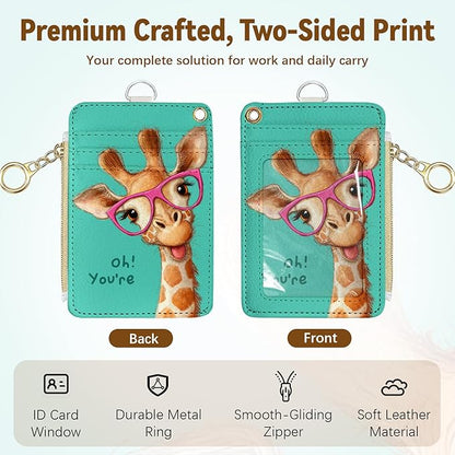 Giraffe Leather Badge Holder with Zipper Pocket, Green Work Lanyards and 1 Zip Pocket and 4 Card Slots, Gamer Breakaway Lanyards with Metal Clasp for Boys, Adult, Teachers