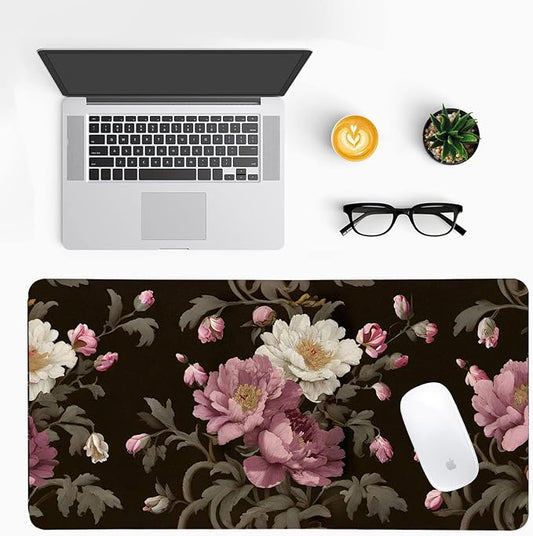 Luxury Peony Blooms Desk Mat, PU Leather Desk Pad with Non-Slip Base - Large Office Keyboard Mat for Women, Ideal Gift for Home & Gaming Setup （27.56 * 13.78in）