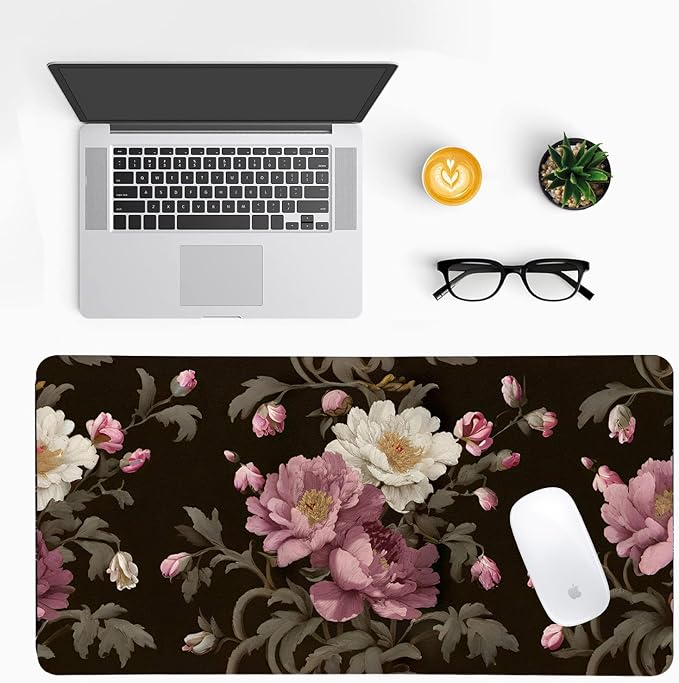 Luxury Peony Blooms Desk Mat, PU Leather Desk Pad with Non-Slip Base - Large Office Keyboard Mat for Women, Ideal Gift for Home & Gaming Setup (23.6x11.8 Inch)