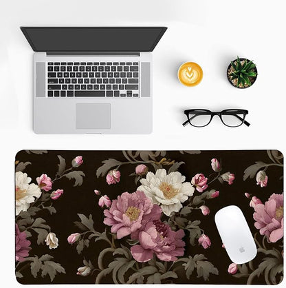 Luxury Peony Blooms Desk Mat, PU Leather Desk Pad with Non-Slip Base - Large Office Keyboard Mat for Women, Ideal Gift for Home & Gaming Setup (23.6x11.8 Inch)