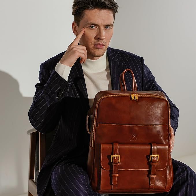 Time Resistance Leather Backpack for Men and Women - Laptop Bag up to 15” - Cognac Brown Business Rucksack