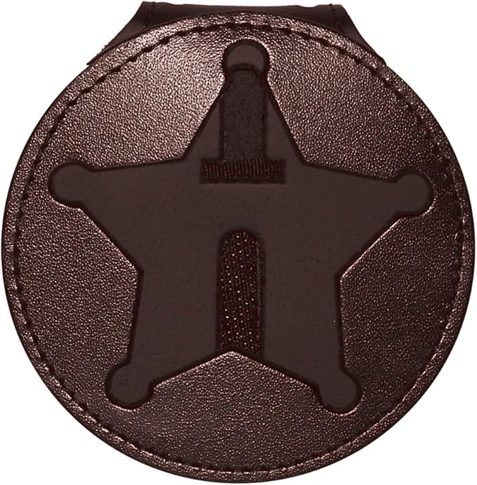 Florida Sheriff Belt Clip Badge Holder with Pocket and Chain (Brown, Cutout PF185 2.7 inches Tall)))
