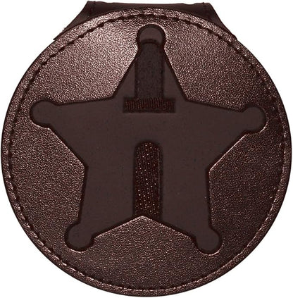 Florida Sheriff Belt Clip Badge Holder with Pocket and Chain (Brown, Cutout PF185 2.7 inches Tall)))