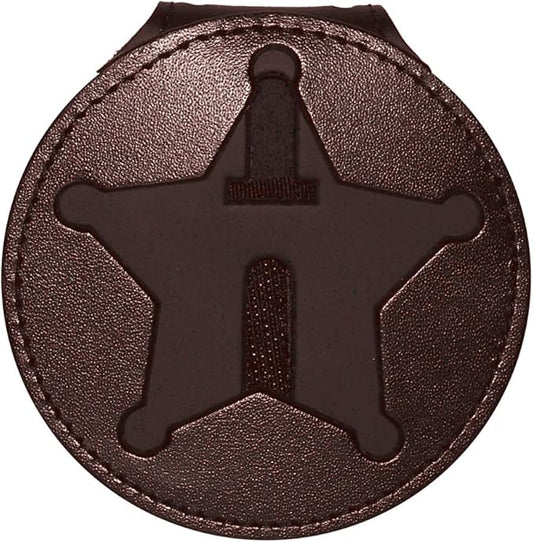 Florida Sheriff Belt Clip Badge Holder with Pocket and Chain (Brown, Cutout PF185 2.7 inches Tall)))
