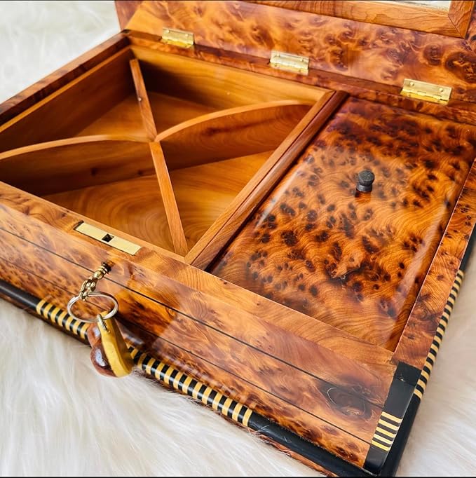 Hand Carved Wooden Box With lid Keepsake Box Storage Jewelry Decor Art Organizer Thuya Burl and Inlaid with Ebony and Mother of Pearl(Vintage Decorative Wood Box,)(Luxury Moroccan Wooden Box)