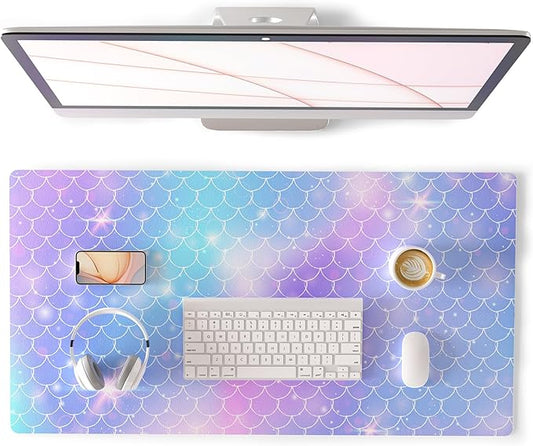 QiyI Large Desk Pad, Colorful Mouse Pad Desktop Decor, Waterproof PU Leather Desk Cover Protector, Desk Accessories for Office Home Work Writing Gaming 31.5" x 15.7" - Gradient Fish Scales
