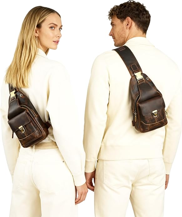 Thick Crazy horse Leather Triangle Crossbody Sling Chest Bag Travel One Shoulder Bag Daypack For Men Male 3028