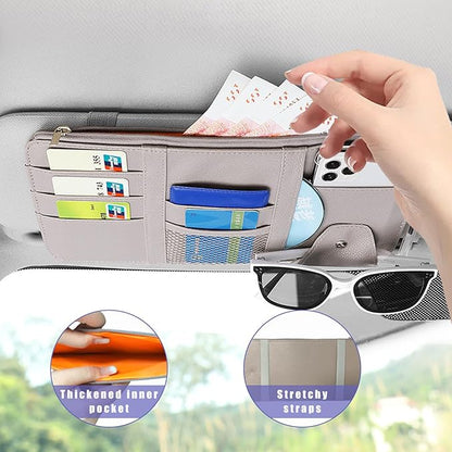 Augeny Car Sun Visor Organizer, Leather Multi-Pocket Auto Visor Storage Pocket Pouch Holder with Zipper, Vehicle Interior Accessories for Car Truck SUV Sun Visor Case Bag (Gray)