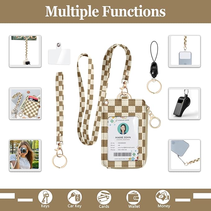 bolimoss Checkered ID Badge Holder & Lanyard Wallet for Teachers Nurse Women, Cute RFID Zippered Coin Pouch,Removable Wristlet & Neck Lanyard, 5 Card Slots, Phone Holder, Keyring