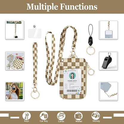 bolimoss Checkered ID Badge Holder & Lanyard Wallet for Teachers Nurse Women, Cute RFID Zippered Coin Pouch,Removable Wristlet & Neck Lanyard, 5 Card Slots, Phone Holder, Keyring