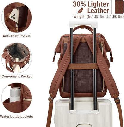 Kah&Kee Leather Laptop Backpack for Women, 15.6-16 Inch Professional Work Bag, Water-Resistant Vegan Leather Doctor Bag Backpack for Teacher, Nurse & Travel, Fits MacBook Pro 16 (Brown,Large)