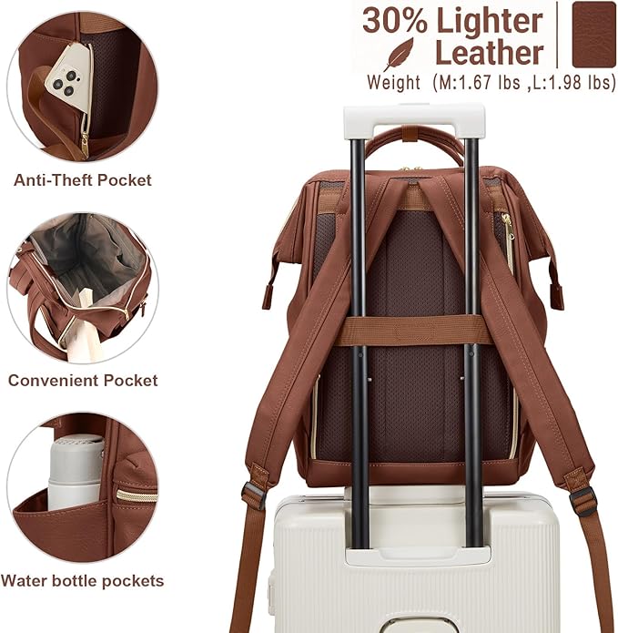 Kah&Kee Leather Laptop Backpack for Women, 14-15 Inch Professional Work Bag, Water-Resistant Vegan Leather Doctor Bag Backpack for Teacher, Nurse & Travel, Fits MacBook Air 15 (Brown,Medium)