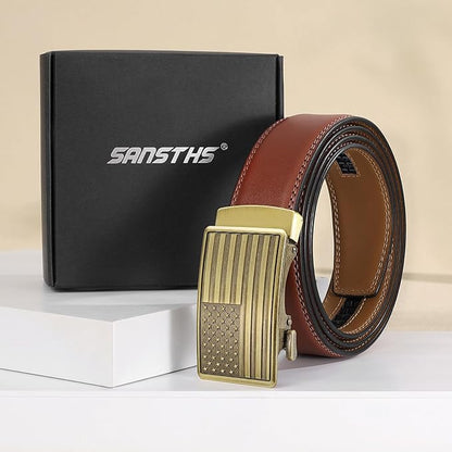 SANSTHS Mens Ratchet Belts Leather 1 3/8" for Men Dress and Casual, Adjustable Click Belts with American Flag Buckles