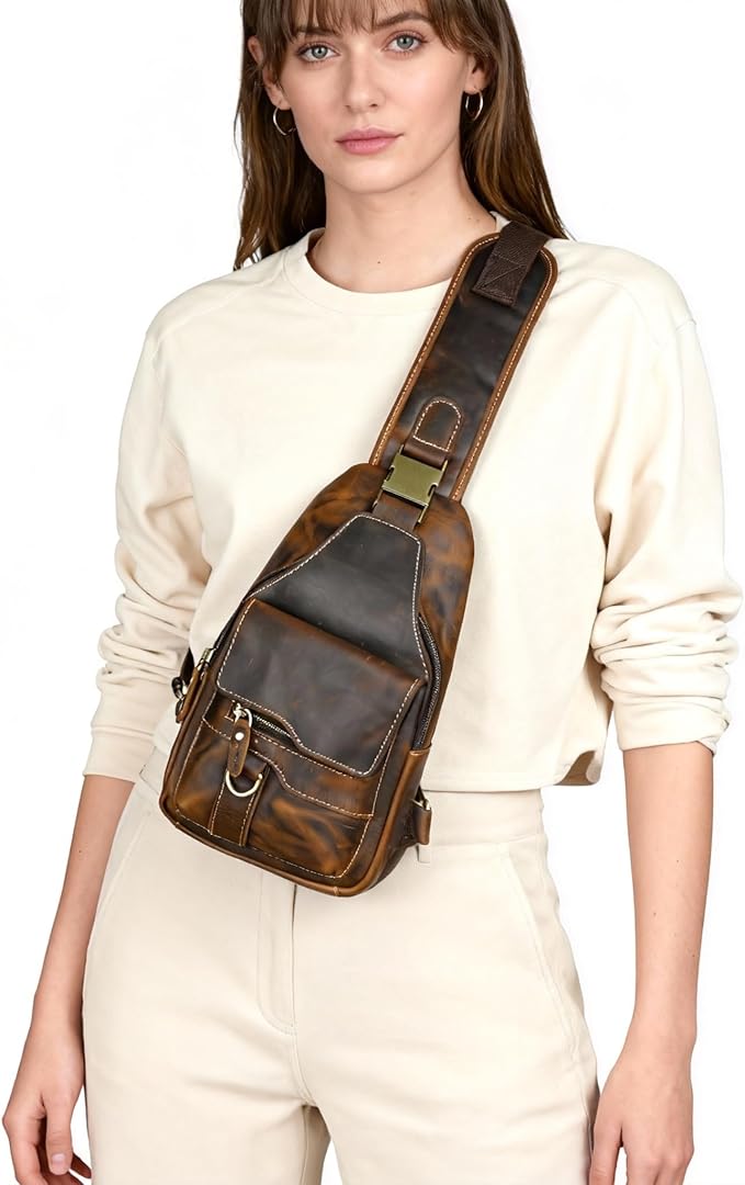 Genuine Leather Hiking Travel DayPack Sling Crossbody Triangle Chest Pack Bag For Men Women 8241 (8241 Brown)