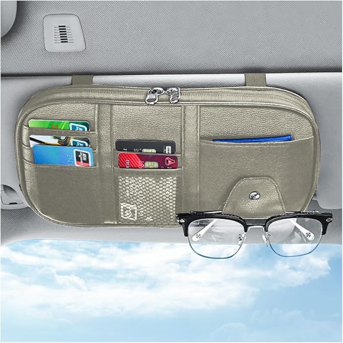 Car Sun Visor Organizer, Sunglass Holder and Storage Pocket, Card Cash Pouch with Multi-Pocket Net Zipper, Case Bag for License Pen Key, Auto Interior Accessories for Truck, SUV, Van (Beige)