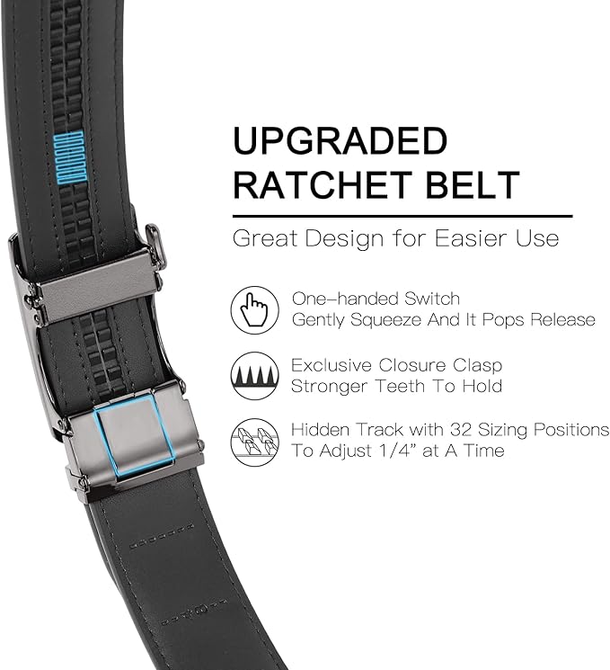 SENDEFN Leather Belt for Men Automatic Ratchet Buckle Slide Dress Casual Belts 1 3/8'' Wide Adjustable Trim to Fit(Black-20)